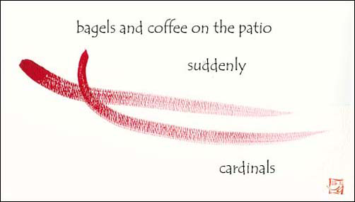 bagels and coffee on the patio - suddenly cardinals