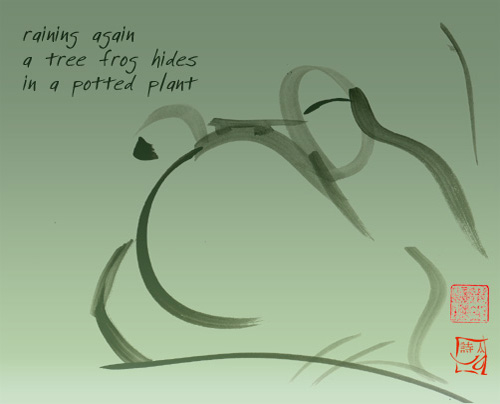 raining again - a tree frog hides in a potted plant