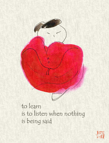 tapping the bamboo stick three times the koi come to feed